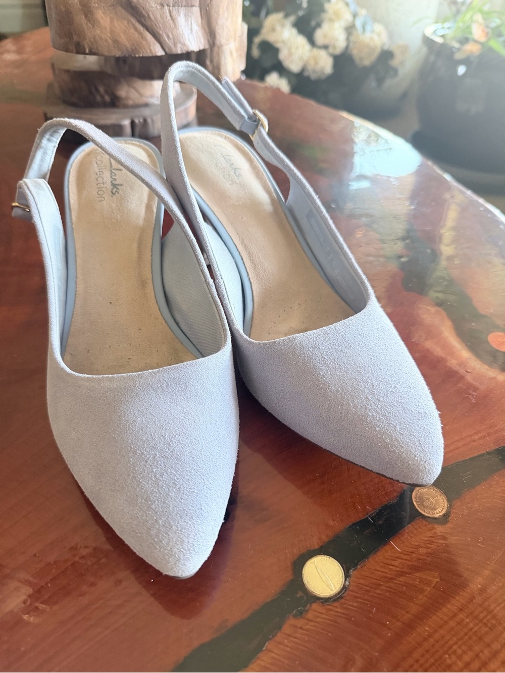 Clarks Light Blue Pointed Toe Slingback Mules